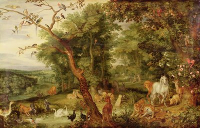 O Jardim do Eden; no fundo The Temptation (óleo sobre painel de carvalho) de Jan the Elder Brueghel